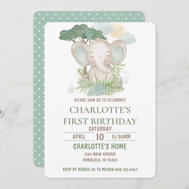 Green Elephant Birthday Party Invitation (Front/Back)