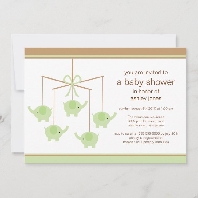 Green Elephant Mobile Baby Shower Invitation (Front)