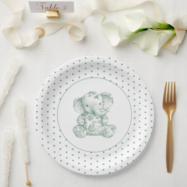 Green Elephant Polkadot Baby Shower Paper Plate (Wedding)