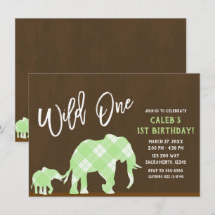 Green Elephants Brown Modern WILD ONE 1ST Birthday Invitation