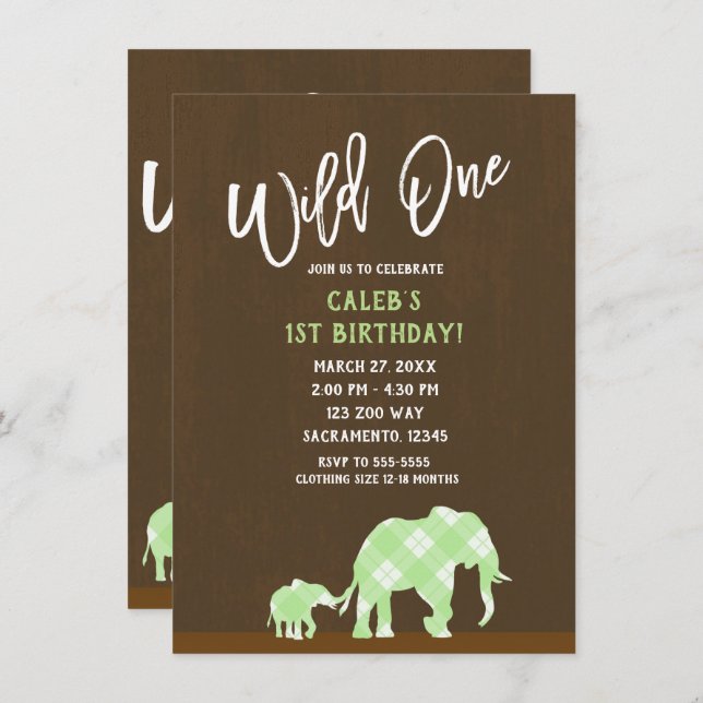 Green Elephants Brown Modern WILD ONE 1ST Birthday Invitation (Front/Back)