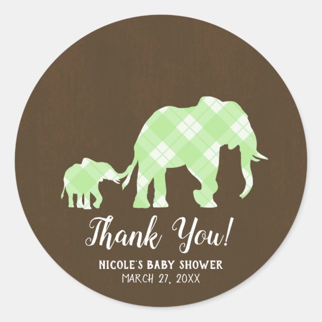 Green Elephants Brown Trendy Modern Baby Shower Classic Round Sticker (Front)