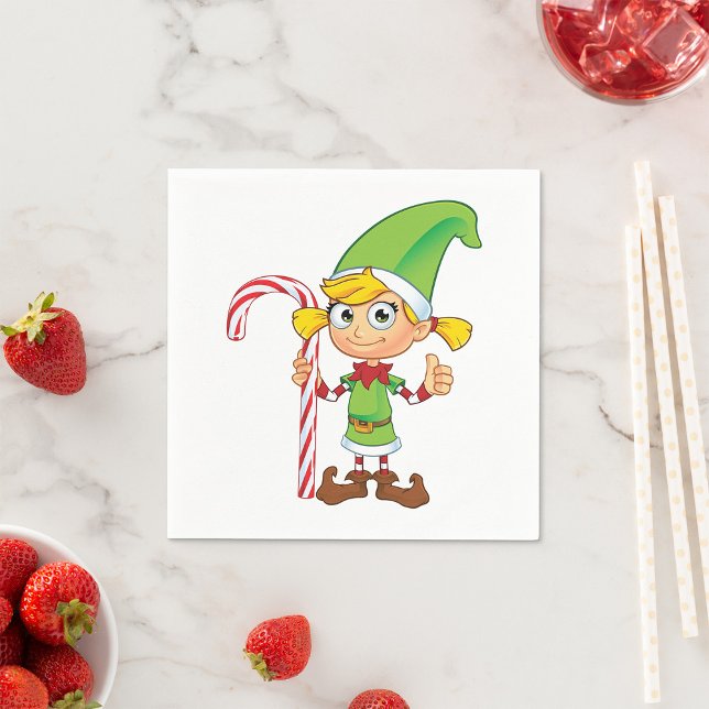 Green Elf Girl With Candy Cane Paper Napkins (Creator Uploaded)