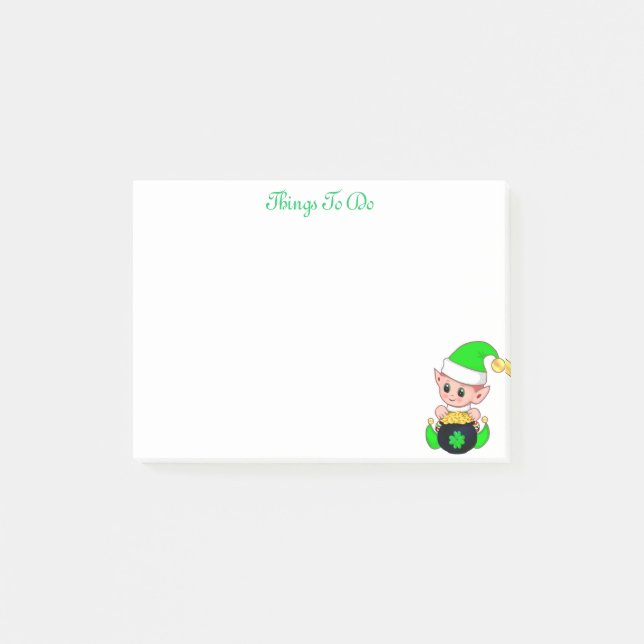 Green elf & gold coins on white post-it notes (Front)