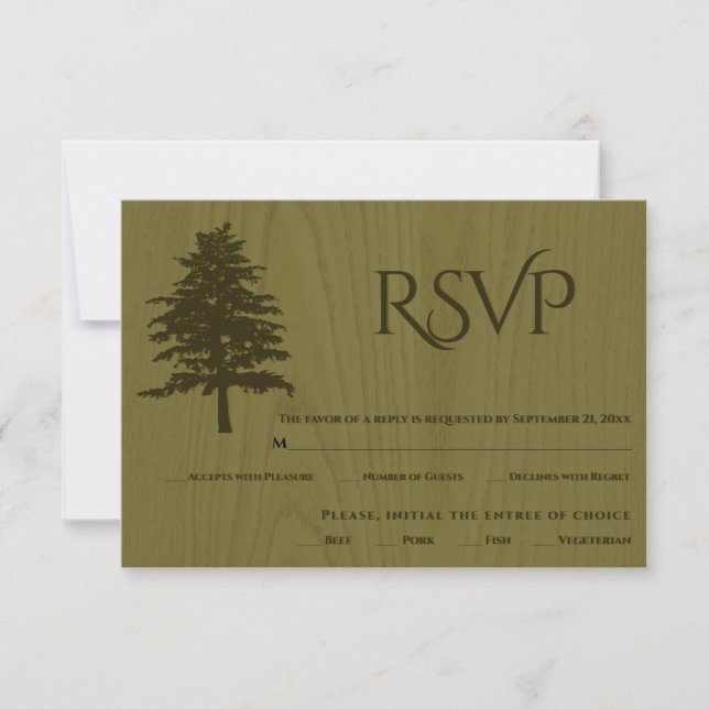 Green embossed trees sepia wood wedding RSVP card (Front)