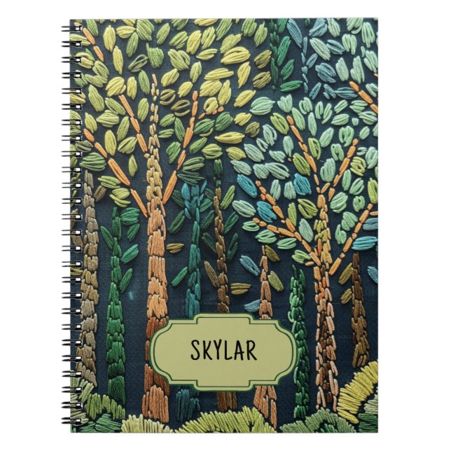 Green Embroidered Trees Leaves Nature Forest Blue Notebook (Front)