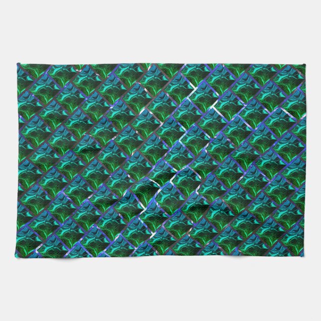 Green emerald and curves, under nickel grid tea towel (Horizontal)