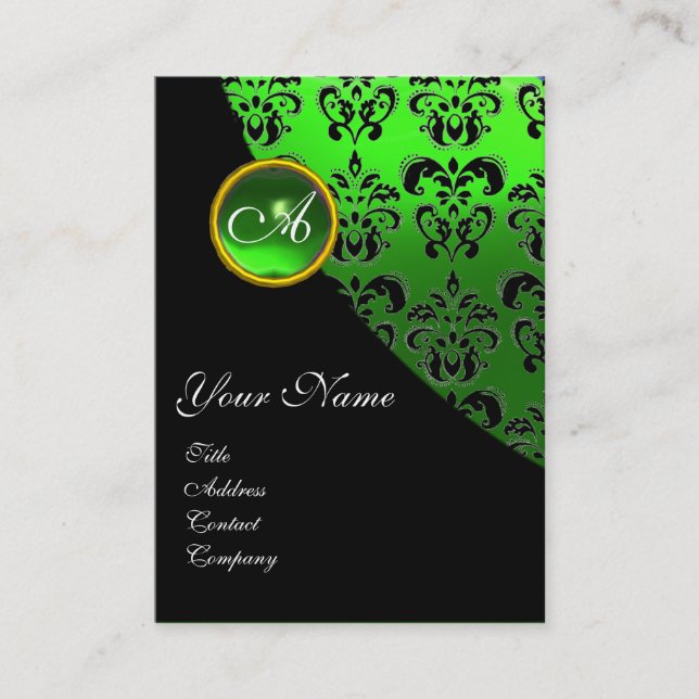 GREEN EMERALD DAMASK MONOGRAM BUSINESS CARD (Front)