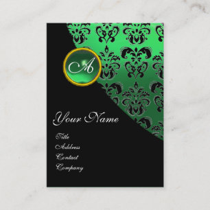 GREEN EMERALD DAMASK MONOGRAM BUSINESS CARD