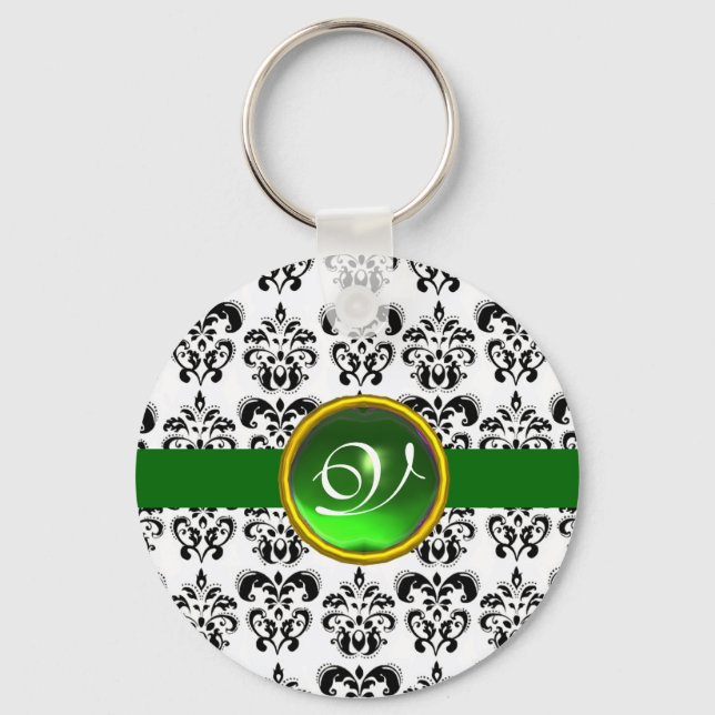 GREEN EMERALD DAMASK MONOGRAM, KEY RING (Front)