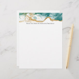 Green Emerald Gold Border Modern Trendy Watercolor Custom Letterhead