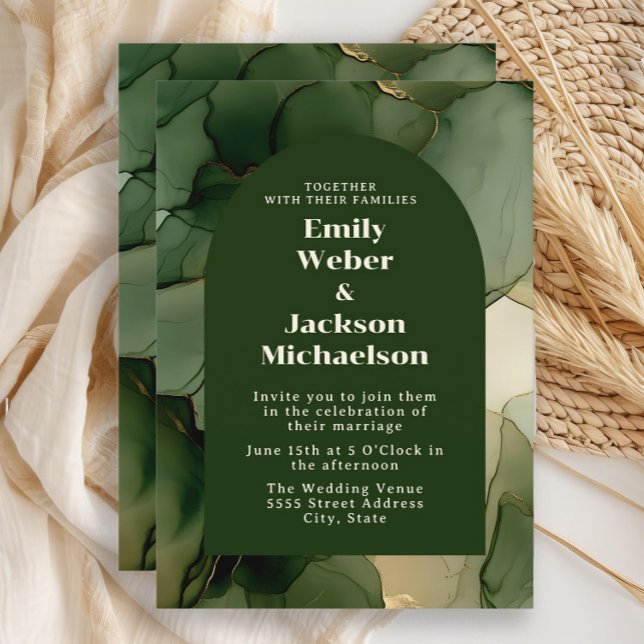 Green Emerald Olive Gold Floral Arch Wedding  Invitation (Emerald and olive green wedding invitation)
