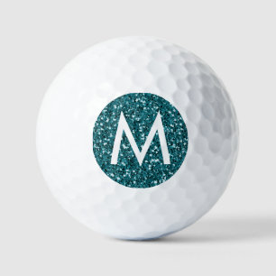 Green Emerald Teal Glitter Modern Initial Monogram Golf Balls