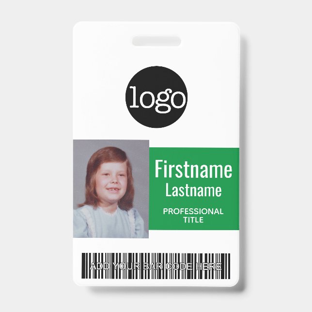 Green Employee - Photo, Bar Code, Logo, Name ID Badge (Front)