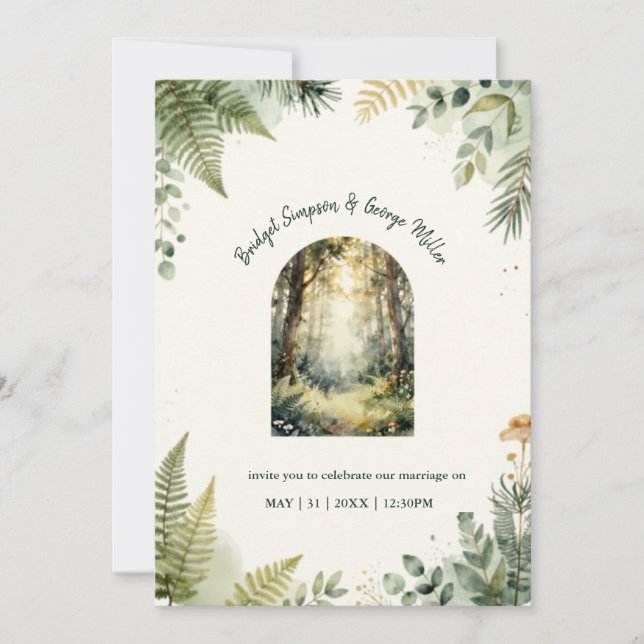green Enchanted Forest Watercolor boho Wedding Invitation (Front)