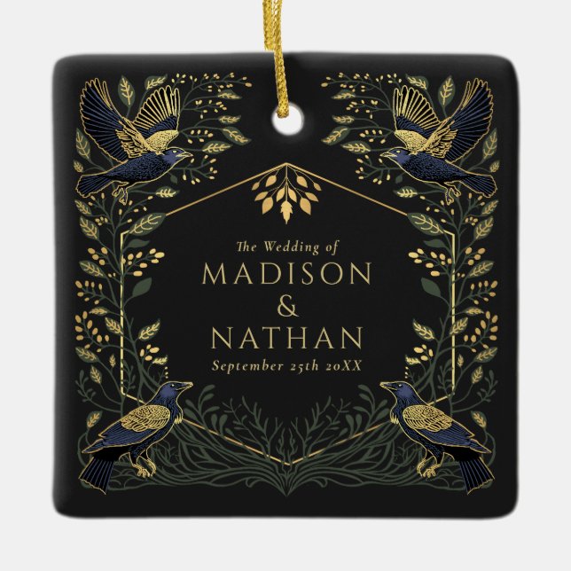 Green Enchanted Gothic Raven Floral Wedding Ceramic Ornament (Front)