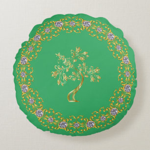 Green enchantment on Golden Tree Pattern Round Cushion