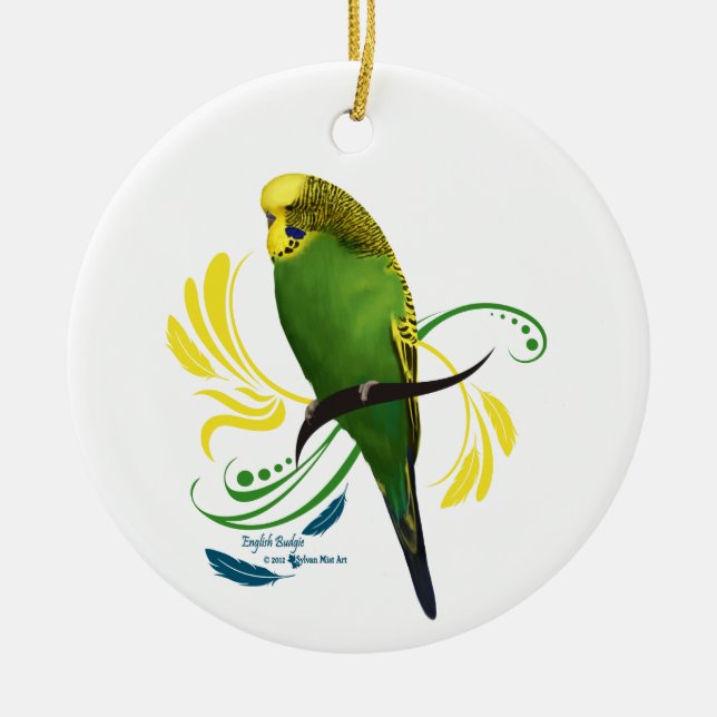 Green English Budgie Ceramic Ornament (Front)