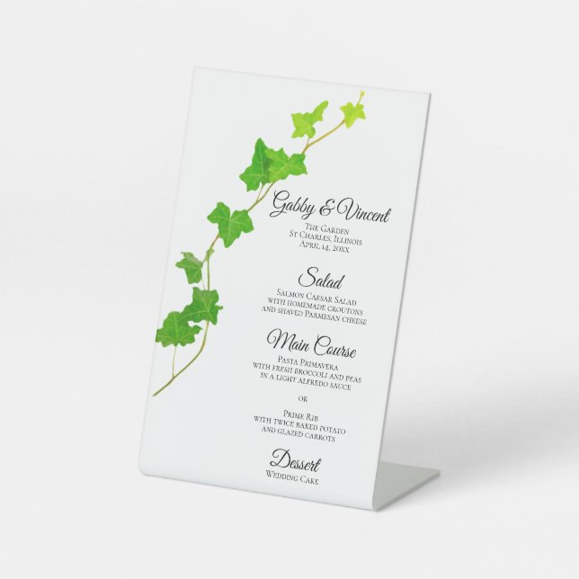 Green English Ivy Foliage Wedding Menu Pedestal Sign (Front)
