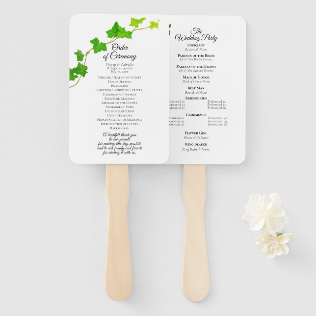 Green English Ivy Foliage Wedding Program Hand Fan (Front and Back)