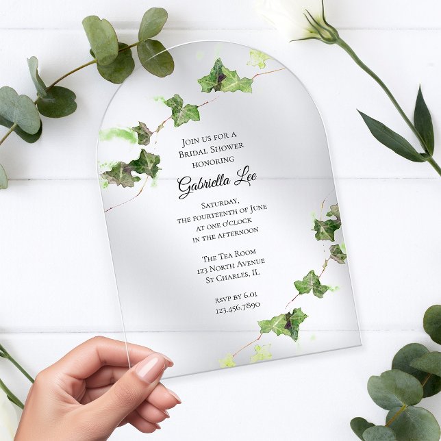 Green English Ivy Vine Watercolor Bridal Shower Acrylic Invitations (Creator Uploaded)