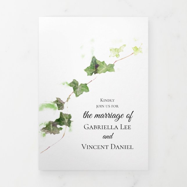 Green English Ivy Vine Watercolor Wedding Tri-Fold Invitation (Cover)