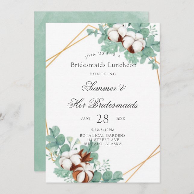Green Eucalyptus and Cotton Bridesmaids Luncheon I Invitation (Front/Back)