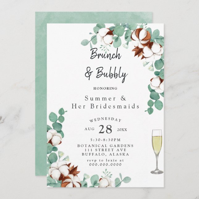 Green Eucalyptus and Cotton Bridesmaids Luncheon I Invitation (Front/Back)