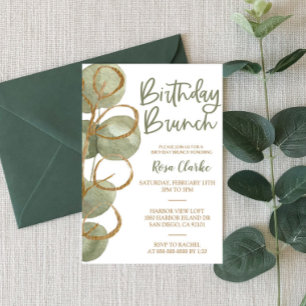 Green Eucalyptus and Gold Foil Birthday Brunch Invitation