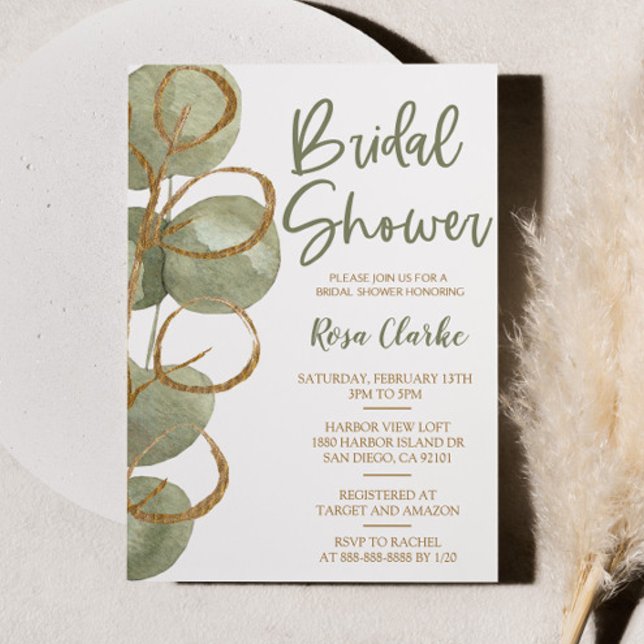 Green Eucalyptus and Gold Foil Bridal Shower Invitation (Creator Uploaded)