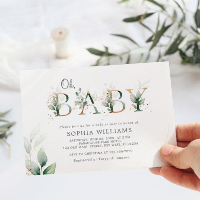 Green Eucalyptus and Gold Oh Baby Shower Invitation (Creator Uploaded)