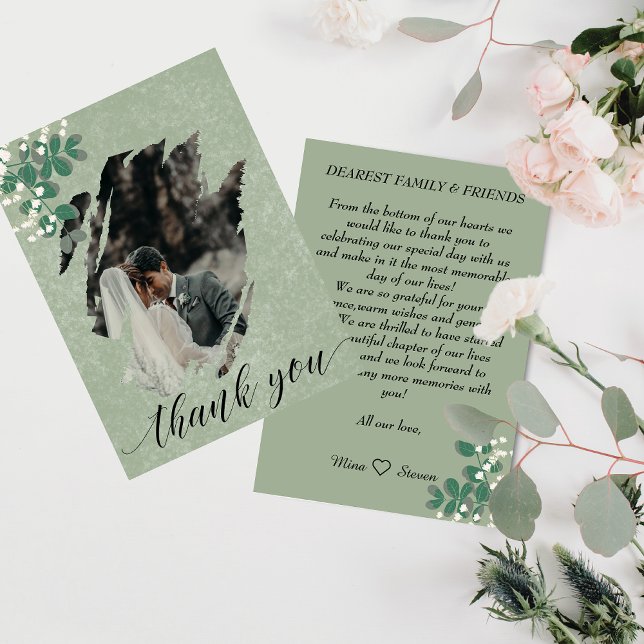 green eucalyptus and Gypsophila photo wedding   Thank You Card (Creator Uploaded)