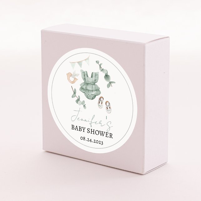Green eucalyptus baby girl shower round stickers (Creator Uploaded)