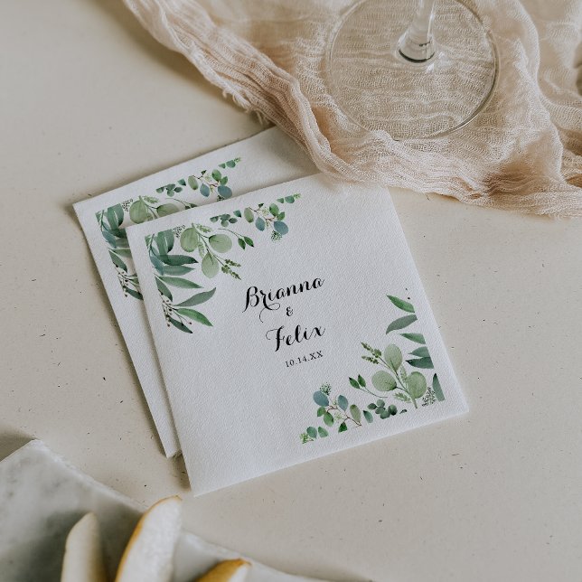 Green Eucalyptus Botanical Calligraphy Wedding Napkin (Creator Uploaded)