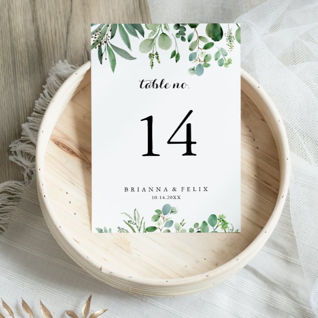 Green Eucalyptus Botanical Calligraphy Wedding Table Number (Creator Uploaded)