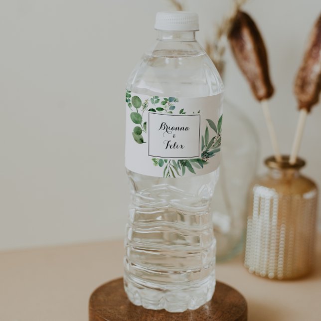 Green Eucalyptus Botanical Calligraphy Wedding Water Bottle Label (Creator Uploaded)