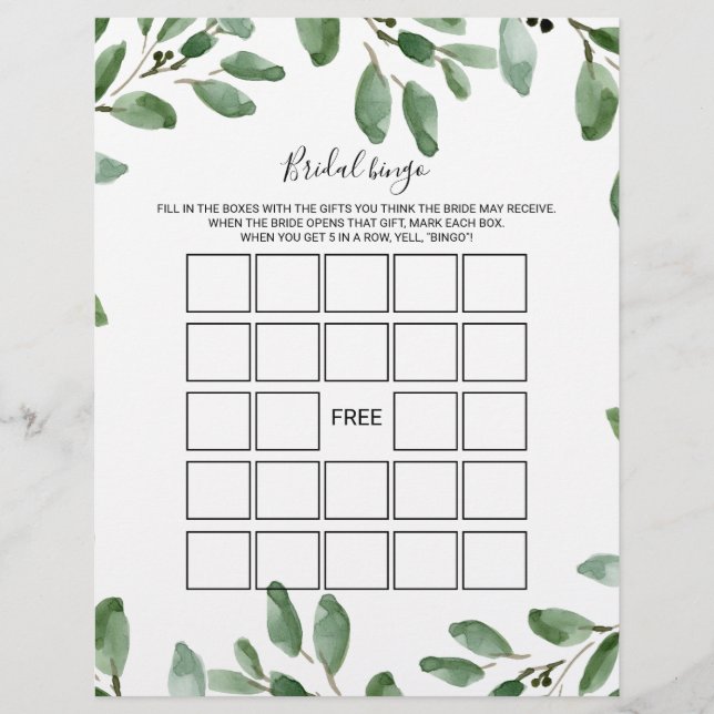 Green Eucalyptus Bridal Bingo, Bridal Shower Game (Front)
