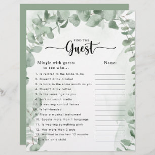 Green Eucalyptus Bridal Shower Find the Guest Game