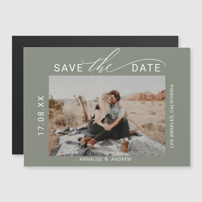 Green eucalyptus brush script photo save the date (Front/Back)