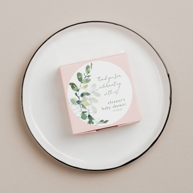 Green Eucalyptus Custom Baby Shower Thank You Classic Round Sticker (Creator Uploaded)
