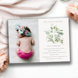 Green Eucalyptus Fauna Cross Photo Baptism Invite