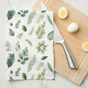 Green Eucalyptus Fern Botanical Watercolor Tea Towel