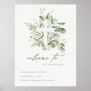 Green Eucalyptus Fern Fauna Cross Baptism Welcome Poster