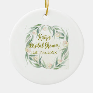 Green eucalyptus floral bridal shower name date go ceramic ornament