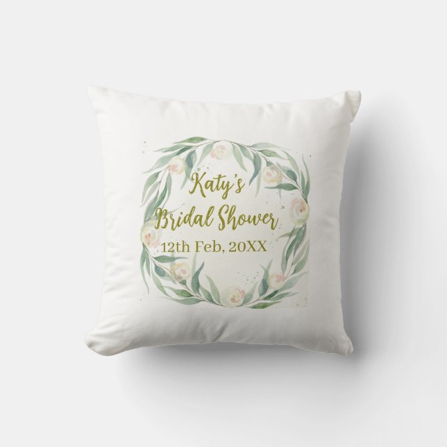 Green eucalyptus floral bridal shower name date go cushion (Front)