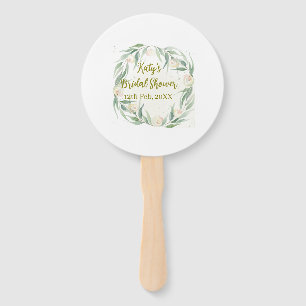 Green eucalyptus floral bridal shower name date go hand fan