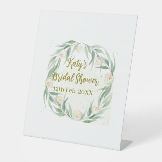 Green eucalyptus floral bridal shower name date go pedestal sign