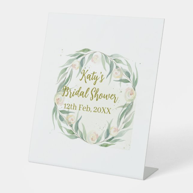 Green eucalyptus floral bridal shower name date go pedestal sign (Front)