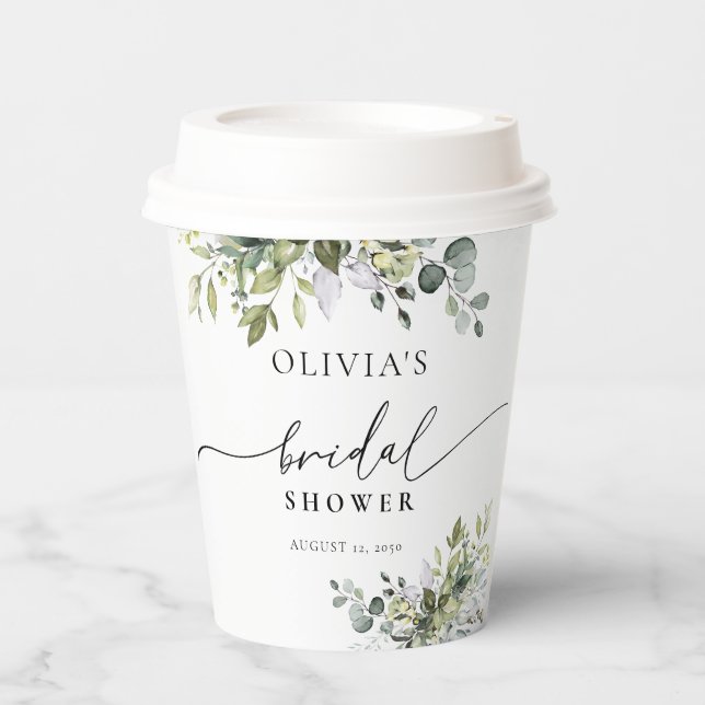 Green Eucalyptus Floral Bridal Shower Paper Cups (Front)