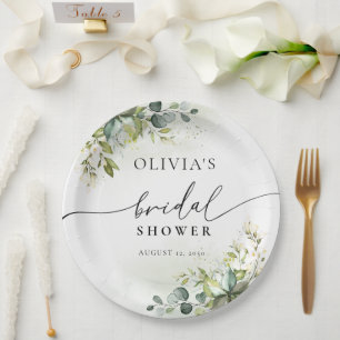 Green Eucalyptus Floral Bridal Shower Paper Plate